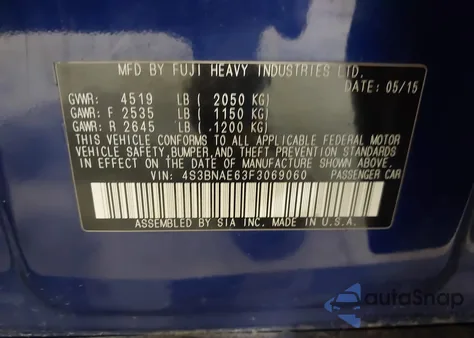 2015 Subaru Legacy 2.5I Premium from USA, damaged, VIN 4S3BNAE63F3069060